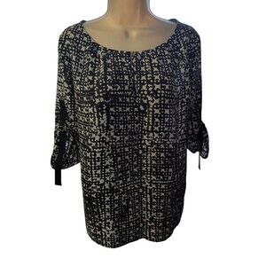 Michael Kors Women's Belt Buckle 3/4 Sleeve Black  White Print Blouse Top Size M